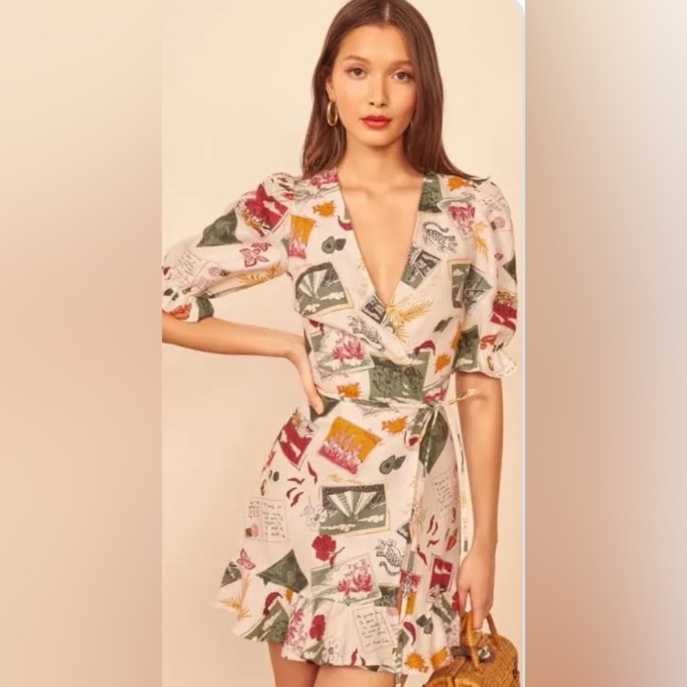 Reformation Postcard Print Carmelo Wrap Dress